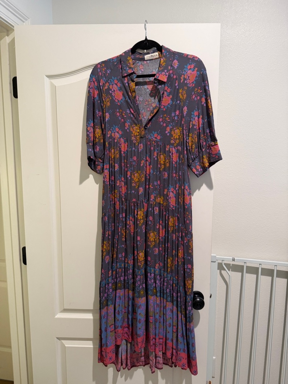 Natural life size medium grey pink floral collar dress